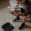 Person using a smartphone with body composition analysis graphics overlay