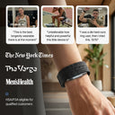 Image of a person wearing the Band 2.0 fitness tracker on their wrist, with three customer testimonial photos and quotes from Elizabeth W., William B., and John T. praising the device. Below, media logos for The New York Times, The Verge, and Men's Health are displayed, along with a note that the product is HSA/FSA eligible for qualified customers.