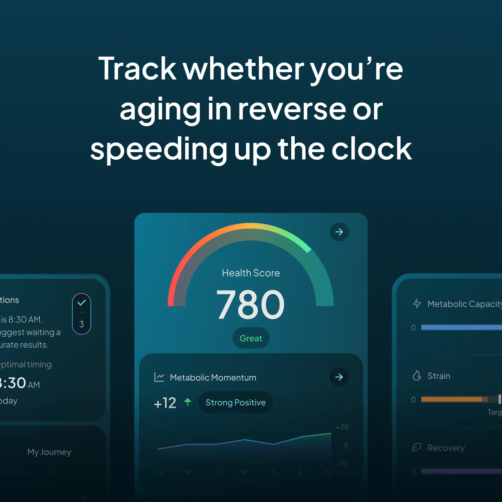Hume app dashboard showing health score of 780 with metabolic momentum insights, tracking whether biological aging is improving or accelerating.