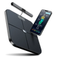 Hume Body Pod scale with handlebar sensor and smartphone displaying body composition analysis, highlighting HSA/FSA eligibility and advanced health tracking features.