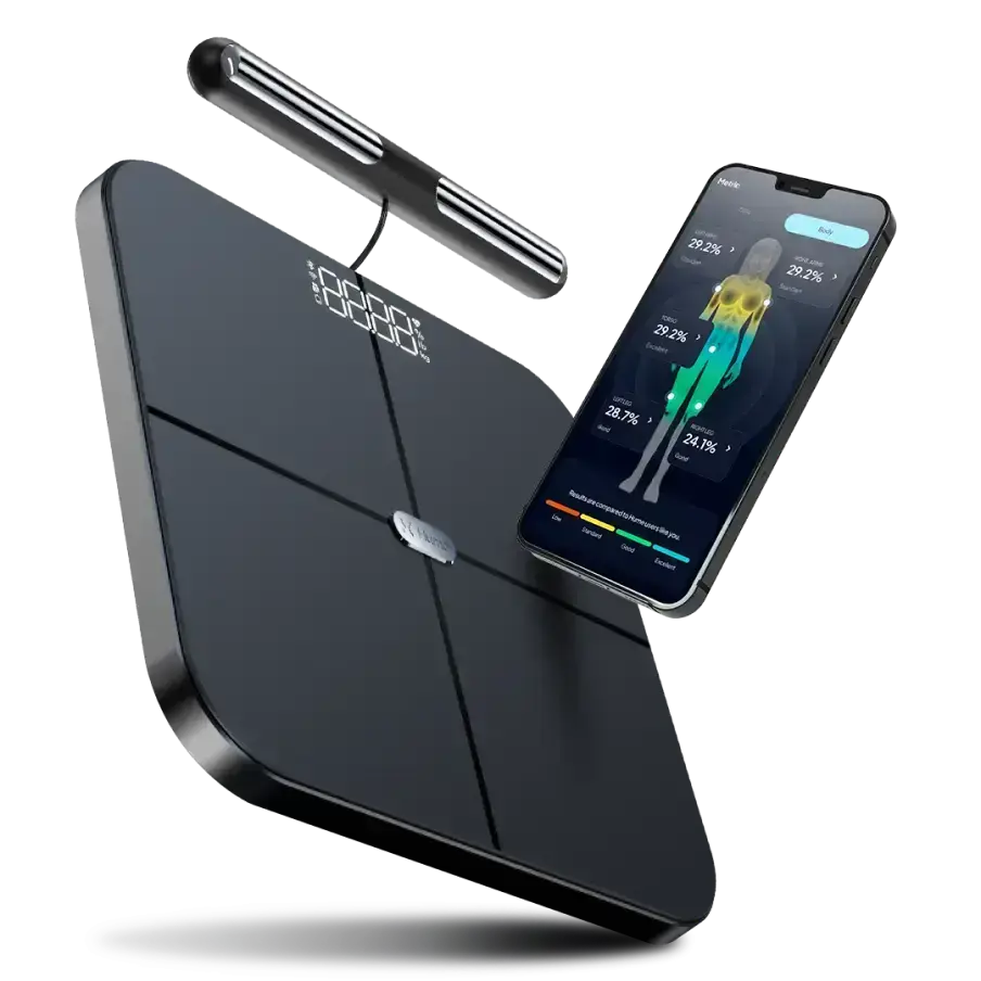 Hume Body Pod scale with handlebar sensor and smartphone displaying body composition analysis, highlighting HSA/FSA eligibility and advanced health tracking features.