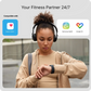 An infographic titled "Your Fitness Partner 24/7" showing compatibility icons for Apple Health, Samsung Health, and Google Fit. Below, a photo shows a woman wearing headphones and a hoodie outdoors, checking a smartwatch on her wrist.