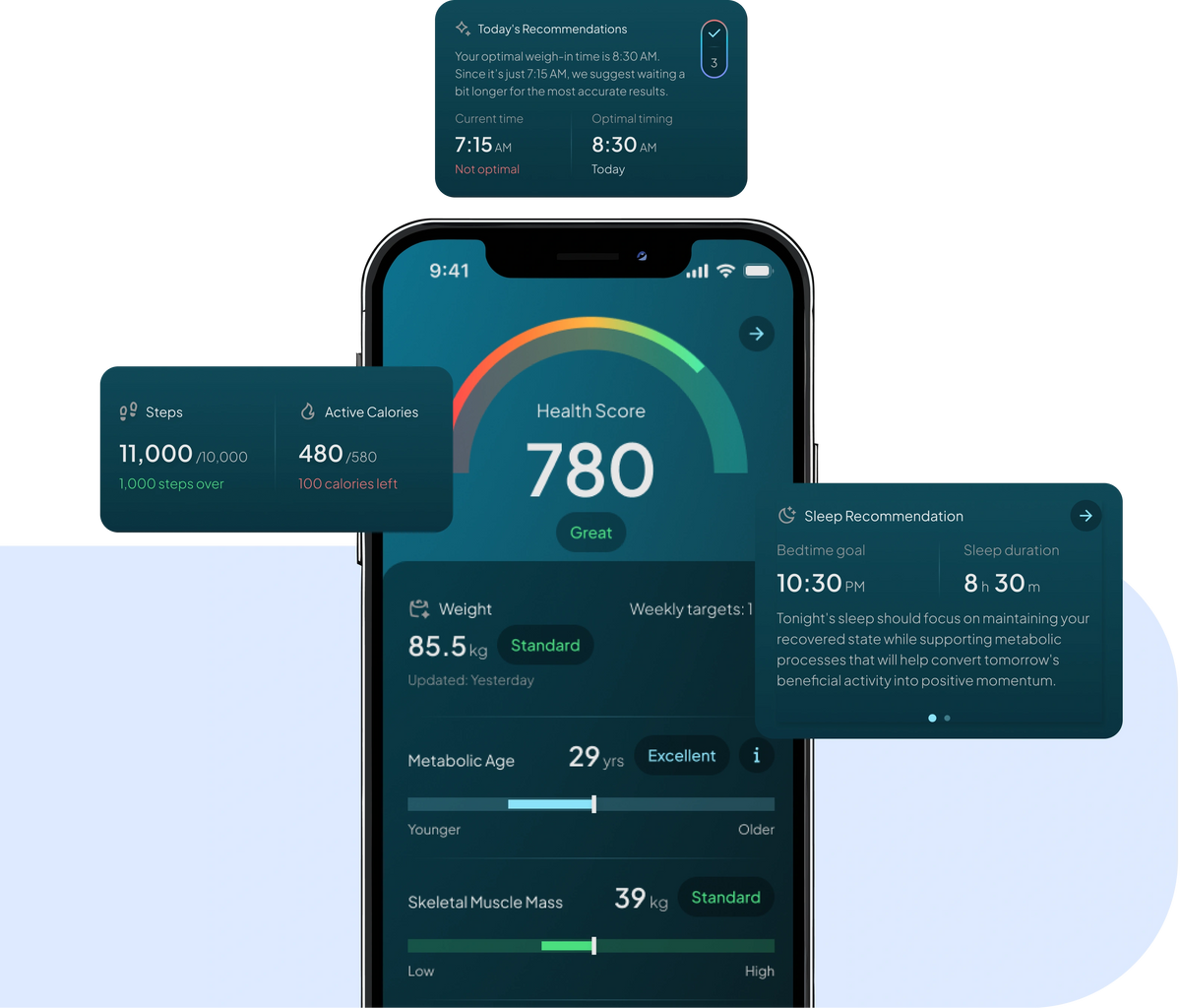 Smartphone displaying Hume health app with health score of 780, daily recommendations, step count, calories, sleep guidance, and metabolic and body composition insights.