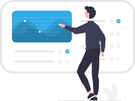 Illustration of a person analyzing a dashboard with charts, representing tracking commissions, monitoring progress, and viewing earned rewards.
