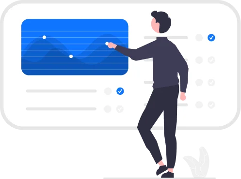 Track Your Commissions Easily: illustration of a person interacting with a large dashboard screen showing a blue analytics chart, representing monitoring earned commissions and referral rewards