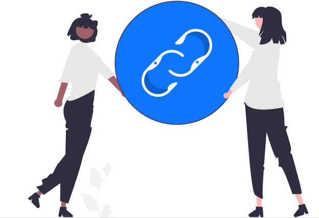 Share the Love with Friends and Family: illustration of two people holding a large blue circle with a chain link icon, representing sharing a referral link or code for a $20 discount on Hume Pod products