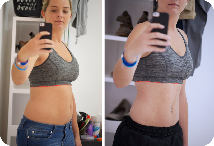 Before and after mirror selfies of a woman in a gray sports bra showing a slimmer waist and more defined midsection