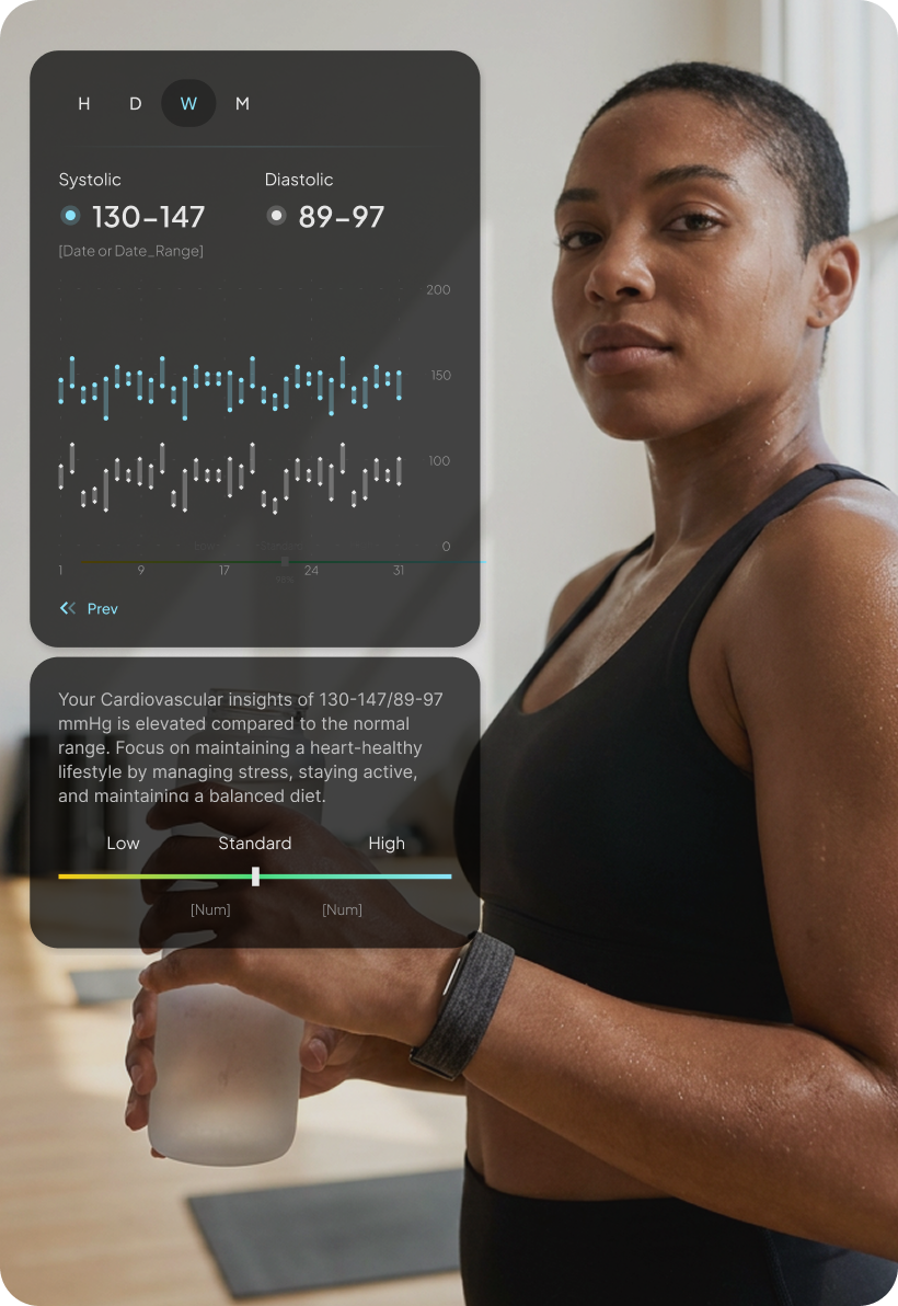 Person wearing a Hume Band 2.0 while holding a water bottle after exercise. A Hume app overlay shows a weekly heart rate variability trend.