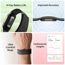 Four-panel image showcasing Band 2.0 features: top left shows the device with text '14 Day Battery Life,' top right shows a close-up of the sensor with 'Improved Accuracy,' bottom left shows the band worn on a wrist with 'Ultra Comfort Strap,' and bottom right displays a heart rate dashboard with 'Cardiovascular Insights.'