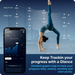 An infographic titled "Keep Tracking your progress with a Glance," showing a woman doing a yoga backbend pose with overlaid data points tracking body fat percentage and weight trends over time (ranging from 26.5% to 23.4% body fat, and 130 lb to 126.5 lb weight). A smartphone mockup on the left displays the Body Pod app interface with a muscle mass graph and an insight noting "Your Body Water is Low." Text below highlights that detailed graphs help track progress daily, weekly, monthly, and yearly.